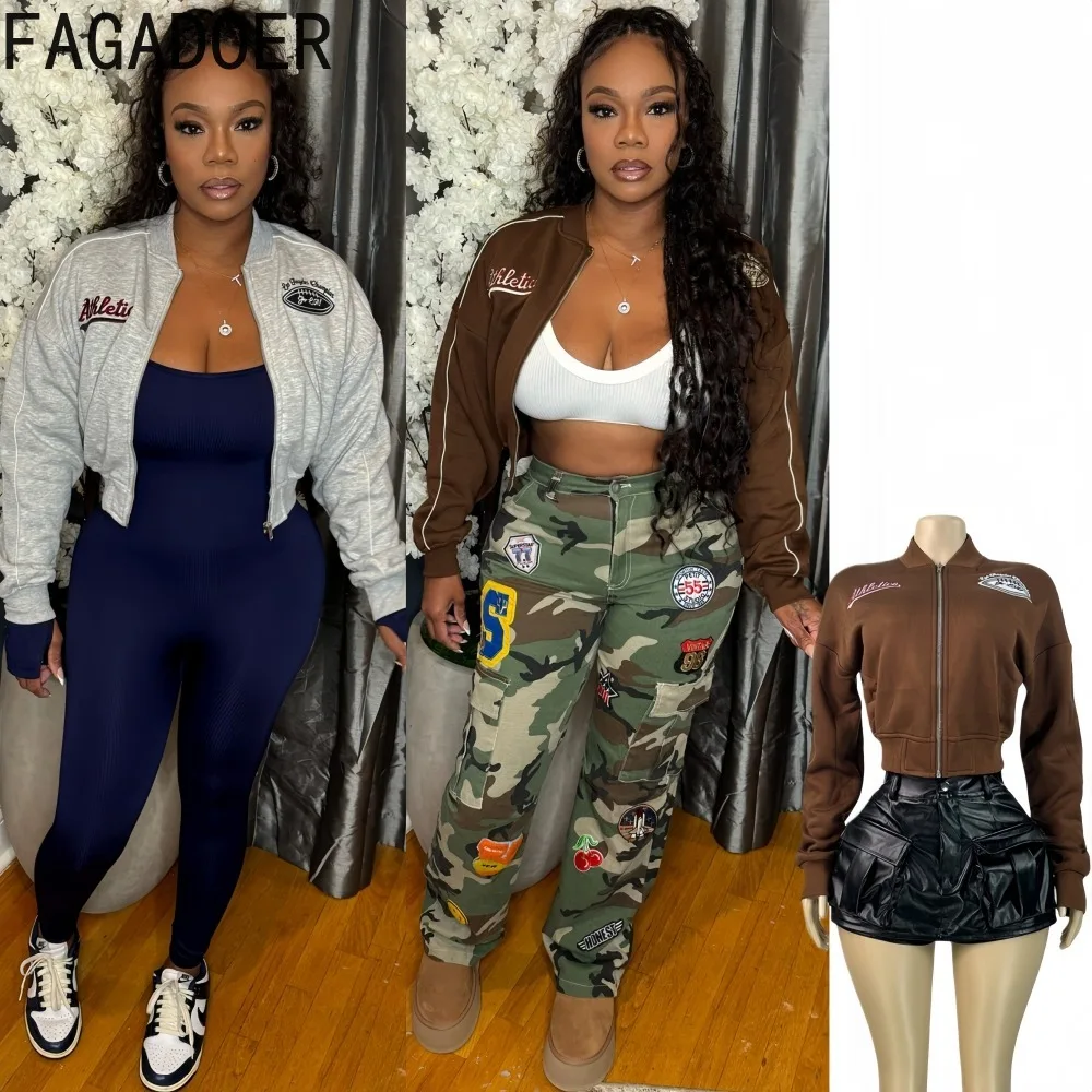 

FAGADOER Y2k Fashion Letter Embroidery Bodycon Jacket Woman Moto Long Sleeve Zipper Jacket Female Streetwear Clothing 2025 New