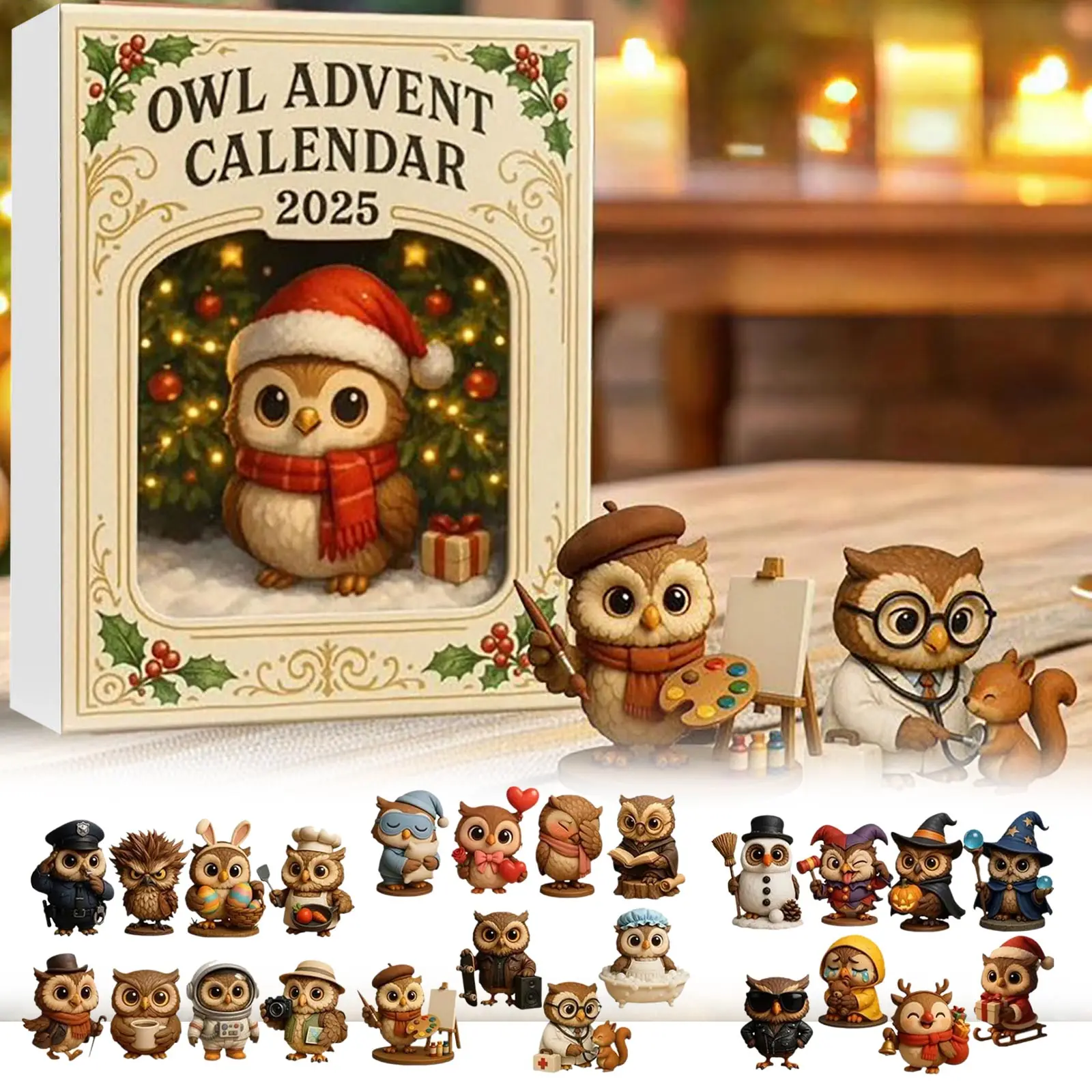 Juego de cocina Calendario de Adviento de búho 2025 24 días con 24 mini regalos únicos dentro de búho acrílico 2D Temporizador de 5 minutos para niños