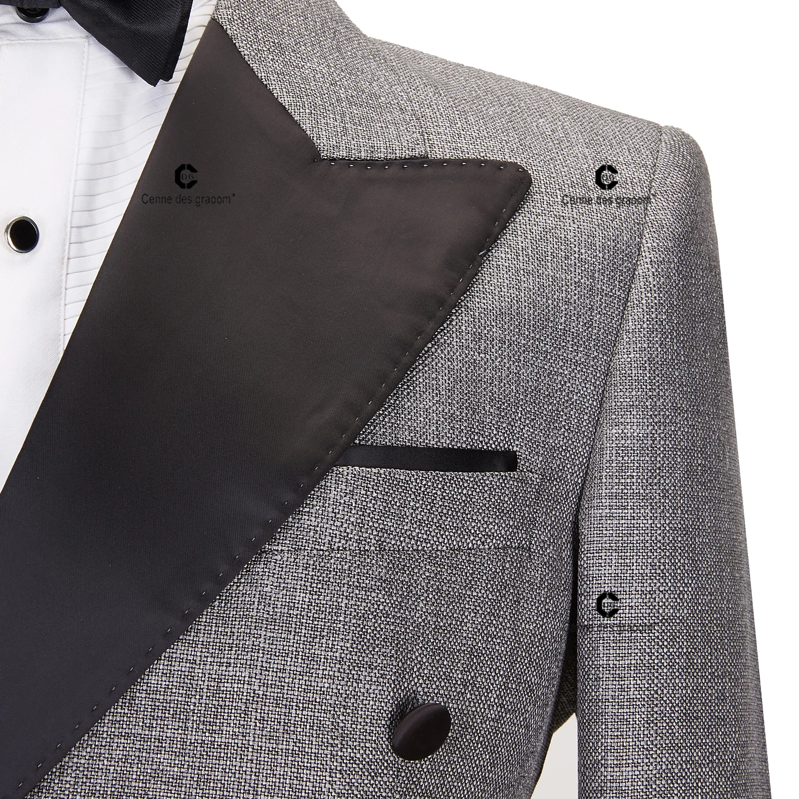 Cenne Des Graoom 2024 New Elegant Grey Tuxedo Suits for Men Double Breasted Black Satin Collar Jacket Pants 2 Pcs Set Wedding