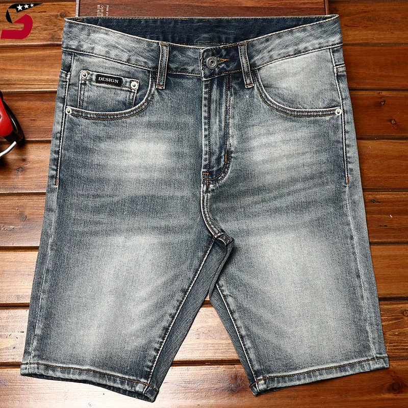 2024Summer Youth High-End Denim Shorts Men's Fashion Brand Blue Retro Nostalgic  Stretch Slim Cropped Pants