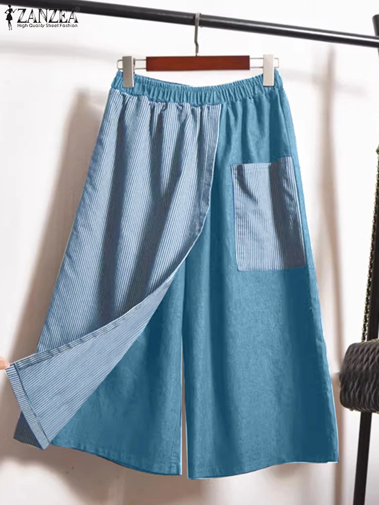 

ZANZEA Women Denim Long Trousers Casual Patchwork Stripes Wide Leg Pants 2025 Summer Pleated Loose Pockets Waist Bottoms