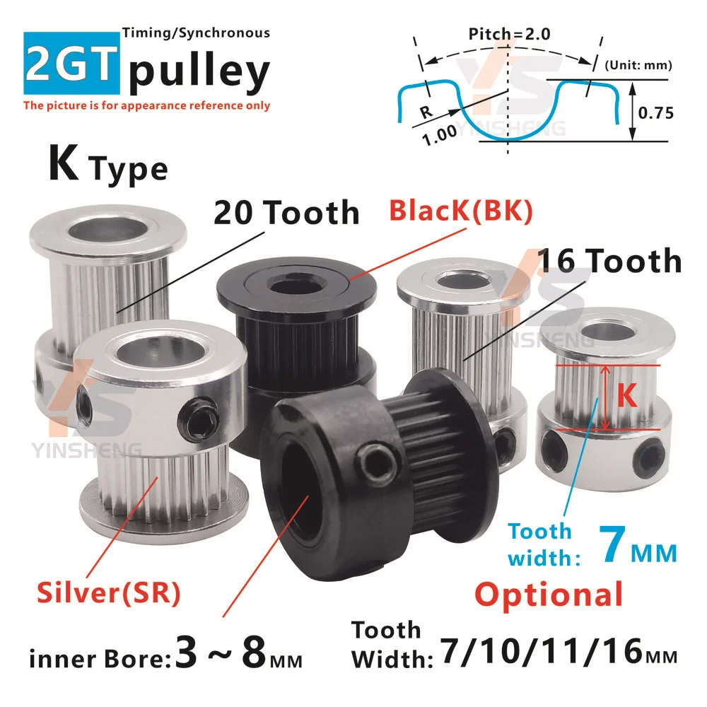 2GT K Type 16T 20Teeth Synchronous Wheel Bore 3 3.17 4 5 6 6.35 8 MM Belt width 6 10 15 MM G2M Timing pulley  3D Printer Parts