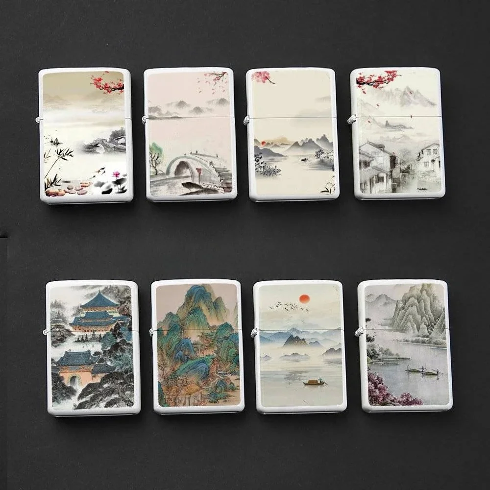 2027 New Chinese Style Kerosiene Grinding Wheel Lighter Retro Style Metal Windproof Lighter Landscape Pattern Can Be Customized