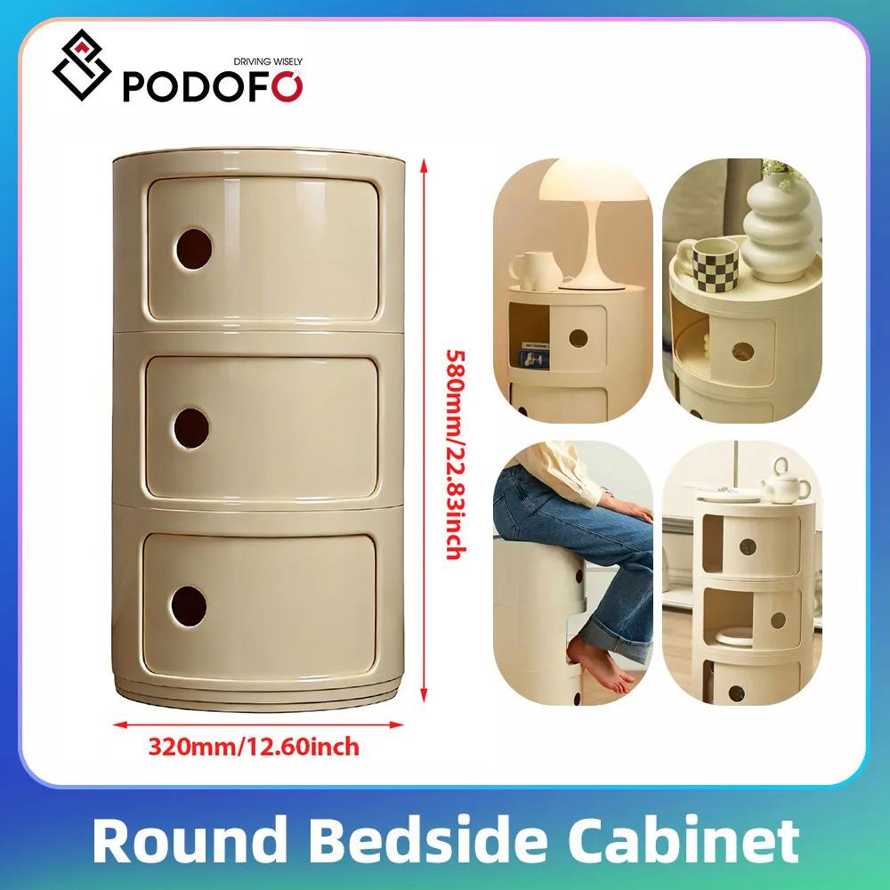 Podofo Comodino Rotondo a 3 Livelli con Cassetti, Organizzatore Domestico, Tavolino Laterale, Armadietto Contenitore, Arredamento Moderno