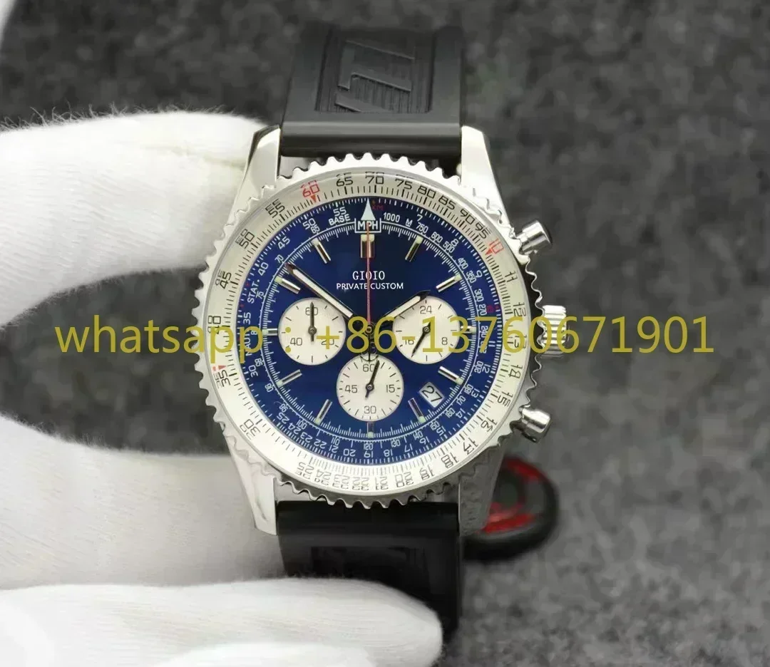 Luxury New Mens Quartz Chronograph Watch Stainless Steel Black Blue Rubber Strap with Date