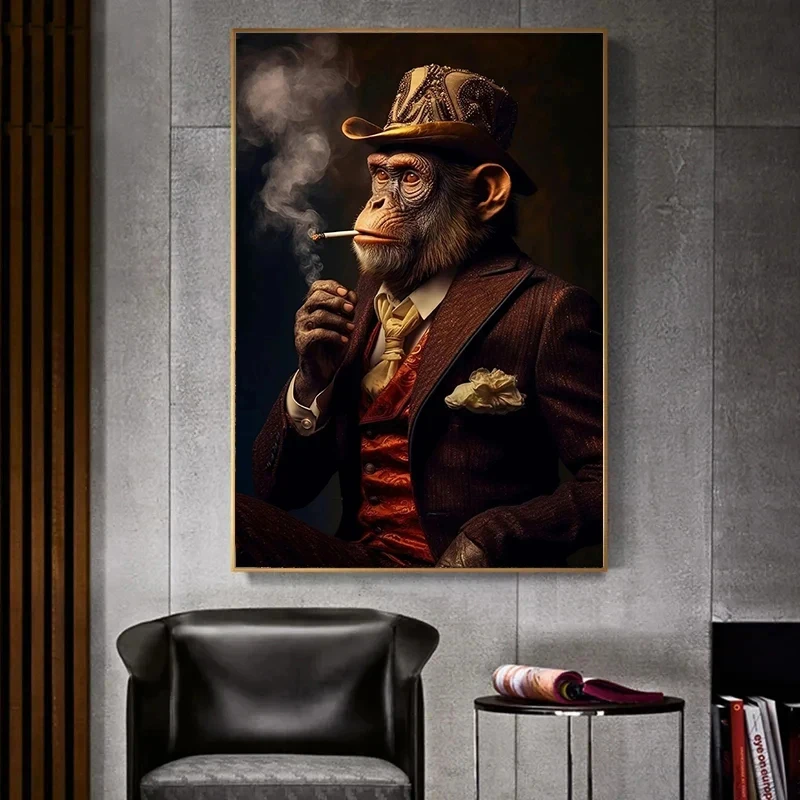 Funny Smoking Monkey Chimpanzee in Suit Gorilla Gangsters Art Poster Prints Canvas Painting Wall Picture Living Room Home Decor