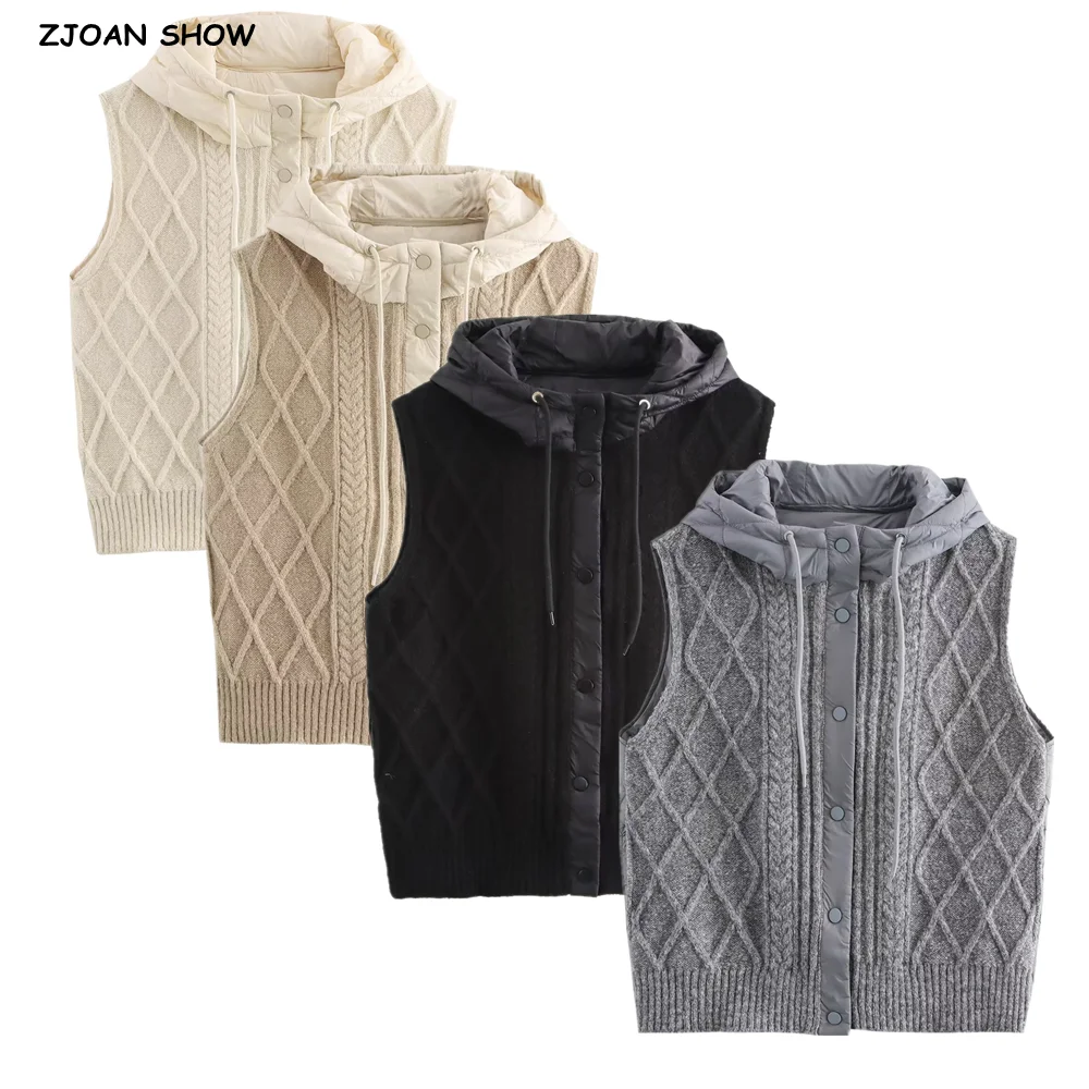 

4-цветный осенне-зимний женский стеганый клетчатый вязаный стеганый жилет без рукавов, жилет с капюшоном, повседневная верхняя одежда, бежевый, черный