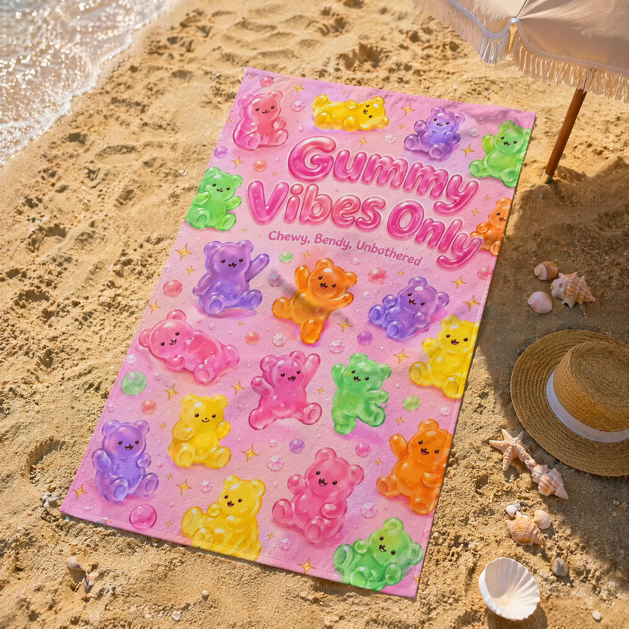 Pastel Gummy Bear Candy Seamless Pattern Beach Towel, Suitable For Beach, Swimming Pool, Vacation, Unique Holiday Gift