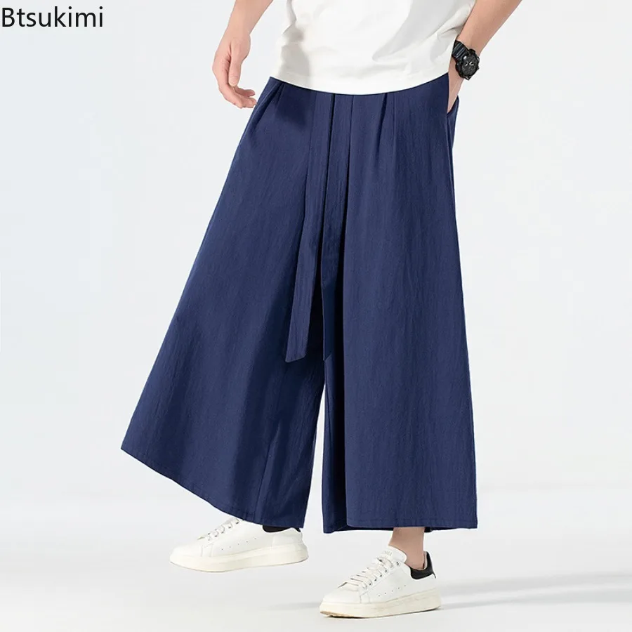 2025 Chinese Style Cotton Linen Pants Men's Japanese Kimono Casual Trousers Harajuku Streetwear Summer Retro Wide Leg Pants Male