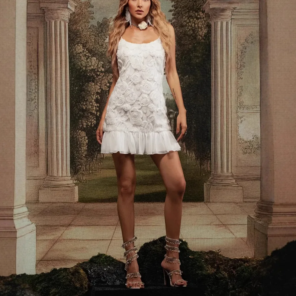 Female Clothing Dresses Women 2025 Summer Style Ins Style Chiffon Short Skirt Three-dimensional Flower Splicing Suspender Dress