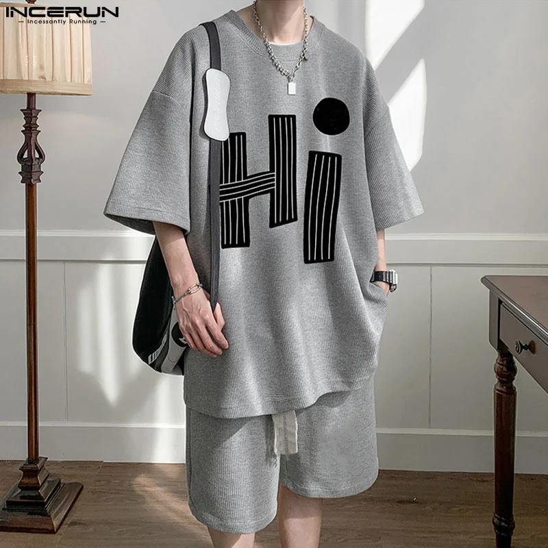 

INCERUN 2024 Korean Style Fashion Sets Men's Medium Sleeved T-shirts Shorts Streetwear Loose Printed Sports Two Piece Sets S-5XL