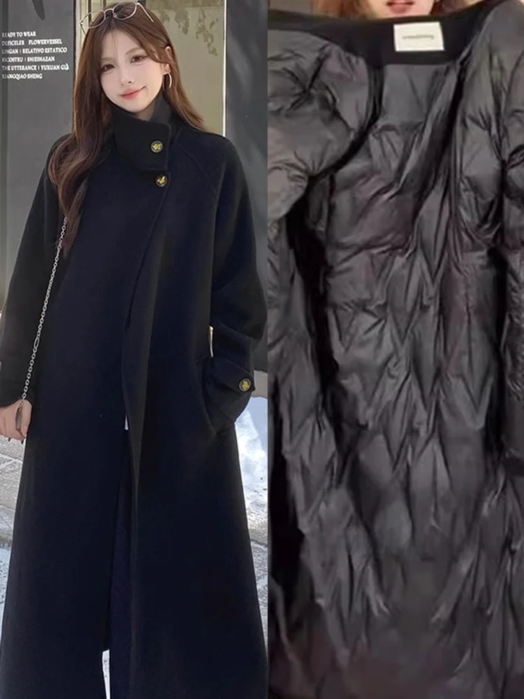

Hebe Sle Bla Stand Collar down Jaet Woolen Coat Women's Autumn Winter New Thiened Fce Lined Belted Woolen Coat