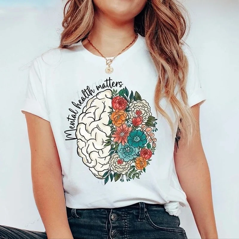 T-shirt Santé Mentale 2026, T-shirts pour psychologues scolaires, T-shirts inspirants, Hauts de sensibilisation à la santé mentale, T-shirt mignon pour femme avec motif cerveau