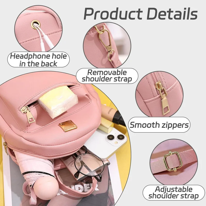 , Sacs à dos de mode pour femmes en PU, sac à dos avec bandoulière amovible, mini sac à dos pour voyage (rose)