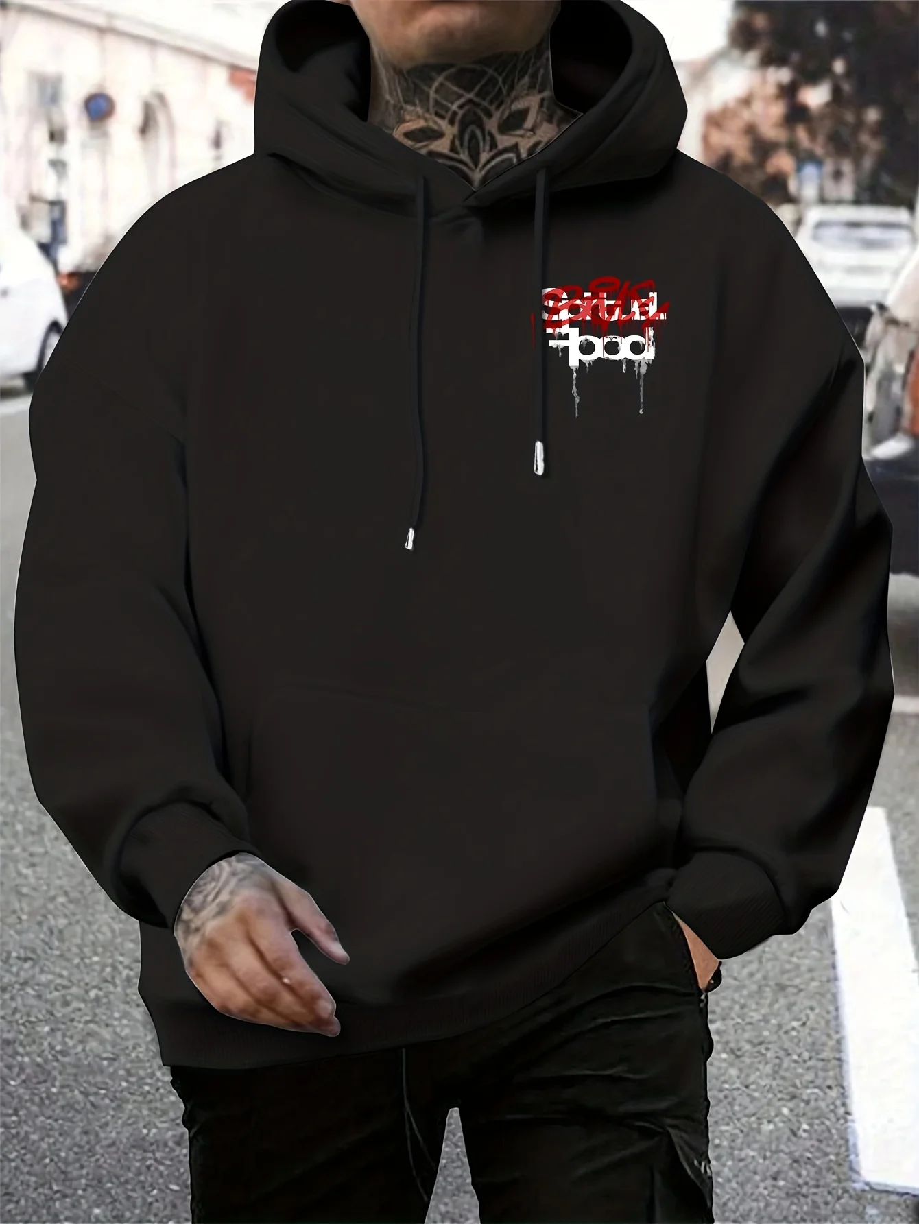 Unisex Rich Spirit Drip Graffiti Letter Graphic Hoodie Black Streetwear Sweatshirt for Hip Hop and Sports Fans Worldwide