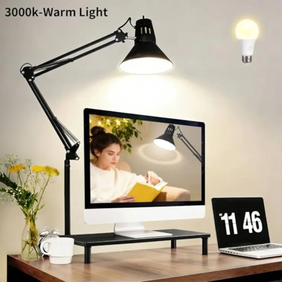 2 Pack LED Desk Lamp With Clamp for Office Home, Eye-Caring Desk Light with 60° Extra Tall Metal Swing Arm, High Intensity Clam