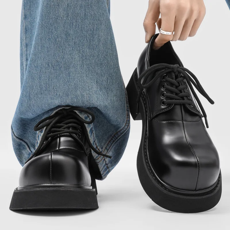 

Thicken Sole Leather Derby Shoes Men Japanese Korean Streetwear Fashion Vintage Casual Height Increasing Dress Leather Shoes