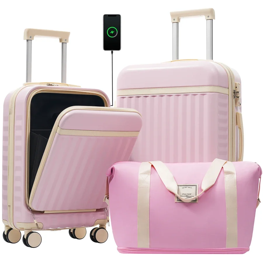 Front Opening Luggage Set 3 Piece: Hardside Carry-on Suitcase with USB Port, Expandable Design, Black Polycarbonate, TSA Lock S