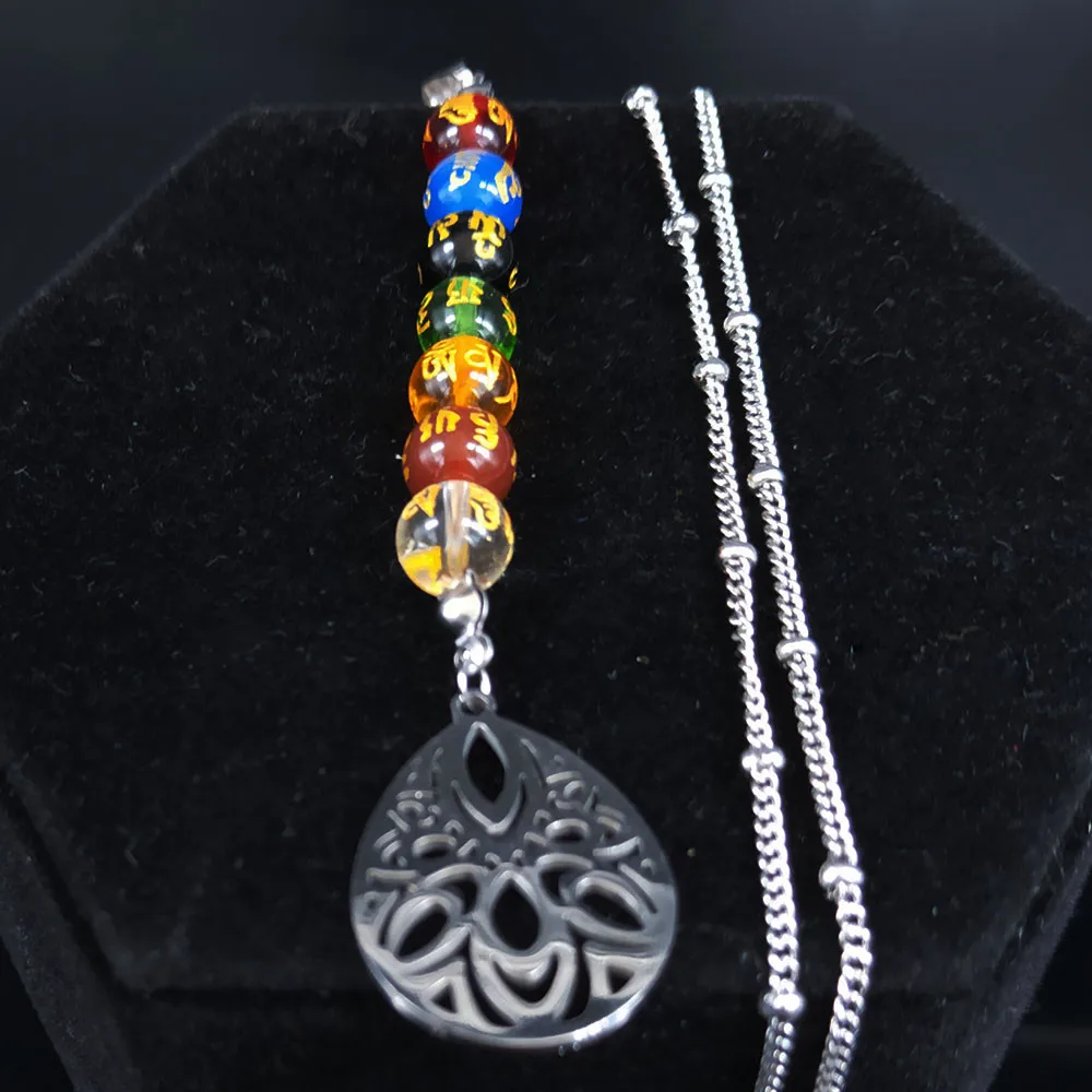 Yoga 7 Chakra Reiki Healing Spiritual Necklace Stainless Steel Lotus Flower of Life Necklace Buddhist Jewelry joyas N3419S07