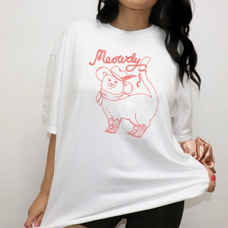 1 pz Meowdy Cat Watch Out Cotton t-shirt manica corta Cute Cat Print top Cat Will Save The World Cartoon magliette Casual Tees