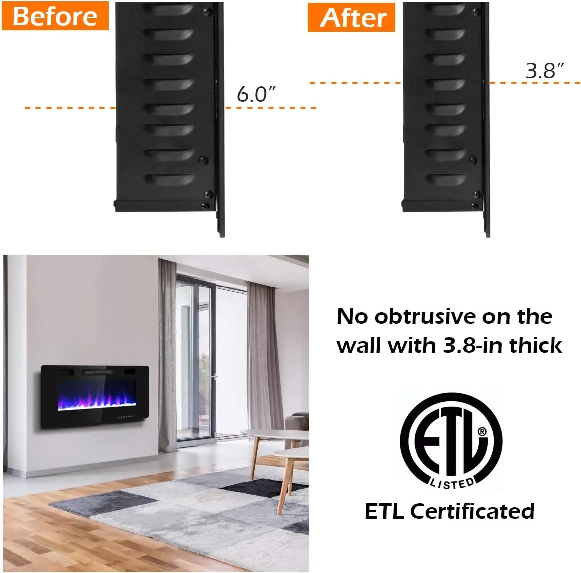 Tangkula-Recessed  Fireplace, In-Wall and Wall Mounted  Heater, Adjustable Flame Color  Speed, 42 in