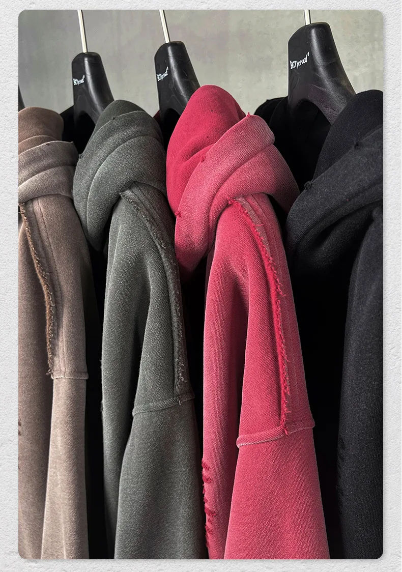 Men's Zip Up Hoodies Y2k Distressed Washed Oversize Cardigan Hoodie Plus Plush Tie-dye Fraying Hooded Sweatshirt Autumn Winter