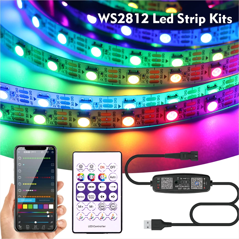 

WS2812B DC5V LED Strip USB Controller with WiFi Bluetooth Music Sync 30/60/74/96/144 LEDs/ Dream Color Individually Addressable