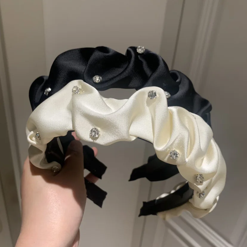Rhinestone Pleated Headband for Women Vintage French Style Black Premium Volume Boosting Comfortable Non Slip Daily