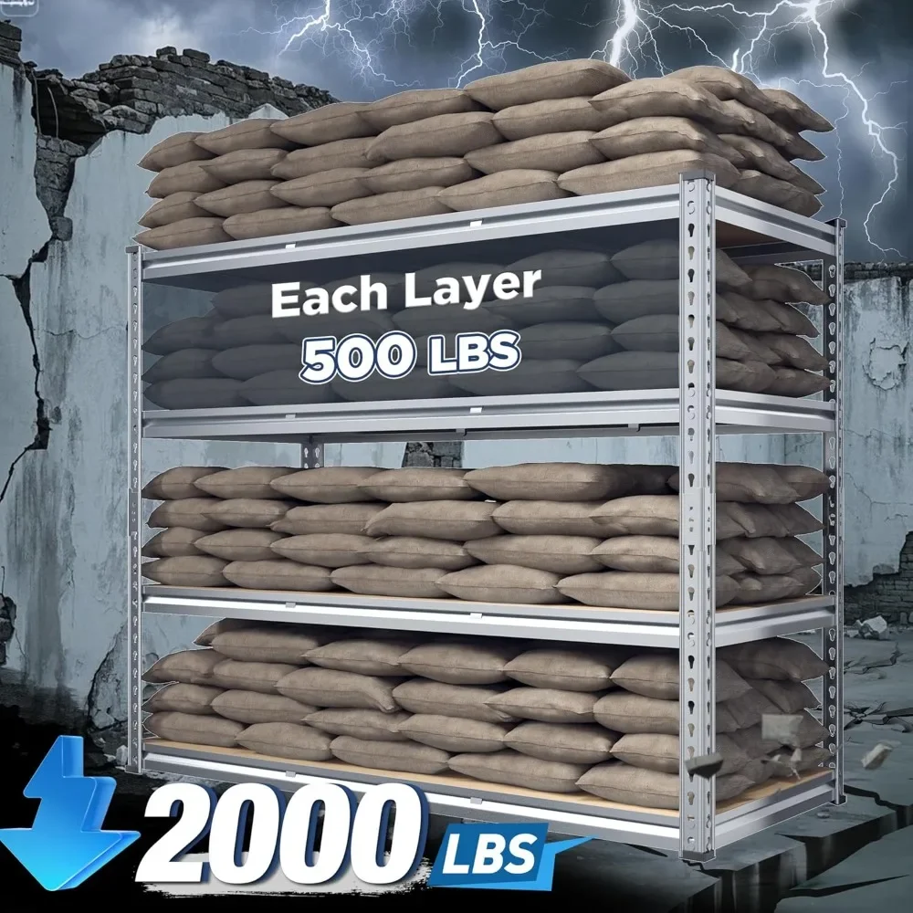 رفوف المرآب، أرفف تخزين من 4 طبقات تحميل 2000 رطل، رفوف جراج قابلة للتعديل شديدة التحمل، وحدة أرفف معدنية للباسيم