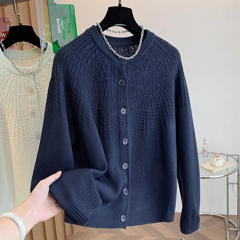 Loose Long Sleeve Knitted Open Cardigan Women's Casual Style Fleece Cotton Acrylic Thickened Autumn Winter round Neck Single ...