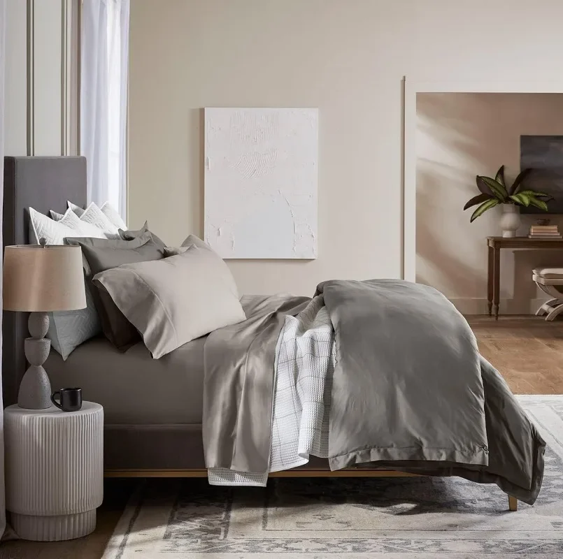 Conjunto de lençóis com bainha percal - Lençóis respiráveis e refrescantes para travessas quentes - Queen, estanho - Luxo 100% orgânico Co