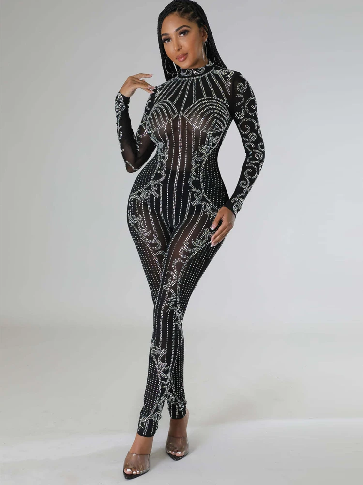 Perspective Shining Hot Diamond Long Sleeved Party Nightclub Jumpsuit Women's Long Sleeved Round Neck Zipper Solid Color Pants