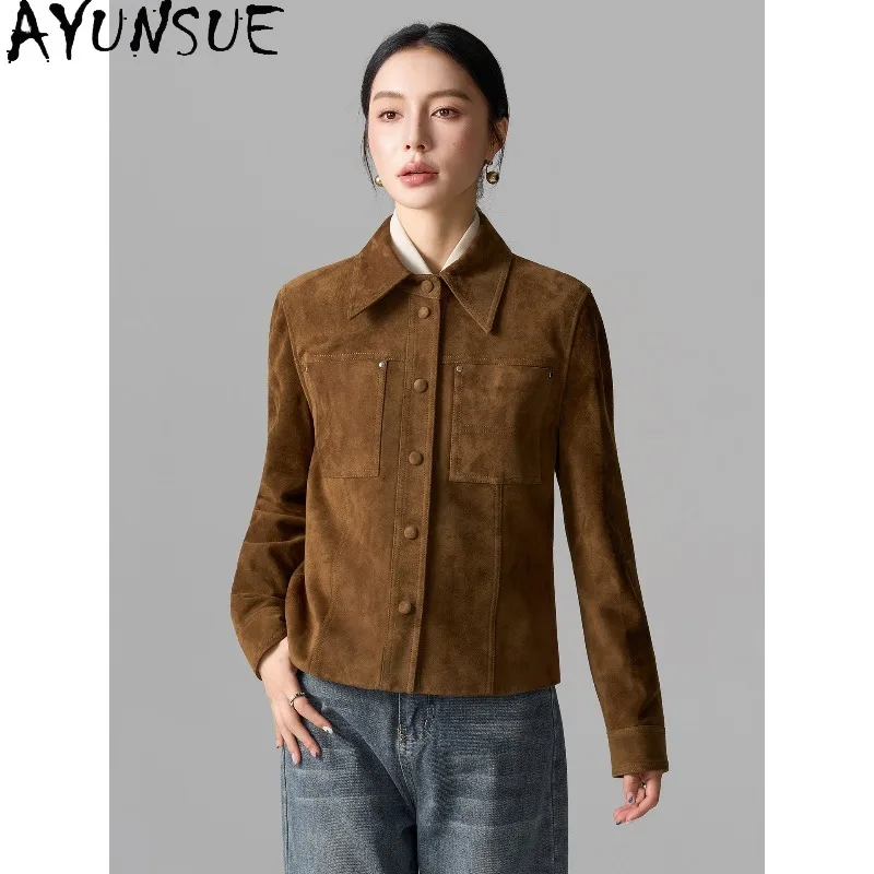 AYUNSUE Real Leather Jacket Woman Autumn Luxury Suede Sheepskin Jackets for Woman 2026 Short Retro Outerwear Woman Clothes 가죽자켓