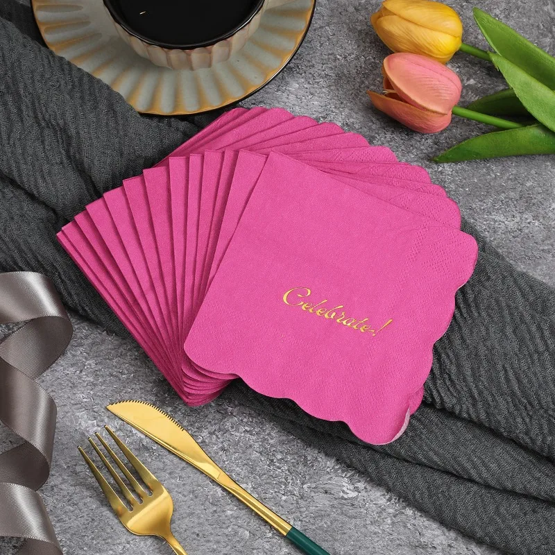 25cm Celebration Gold Stamped Letter Rose Red Bottom Napkin Irregular Wave Edge Party Disposable Table Mat DIY Decoupage Paper