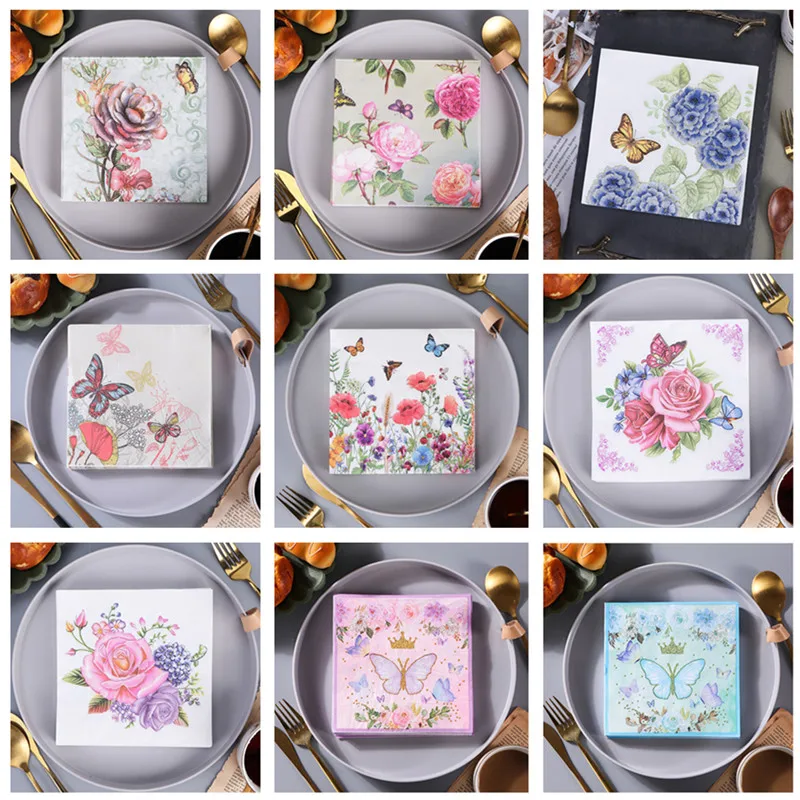 

20Pcs/pack 33x33cm Flower Butterfly Printed Paper Disposable Tableware Napkin Tissues Wedding Party Decoration