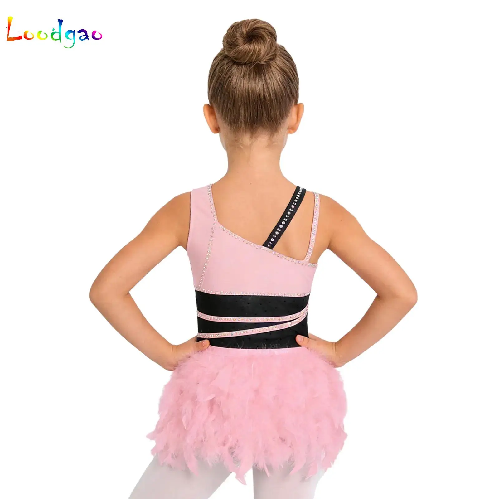 Kids Girls Ballet Dance Rhinestones Leotards Feather Skirt Dresses Bodysuit for Modern Lyrical Contemporary Performance Costumes