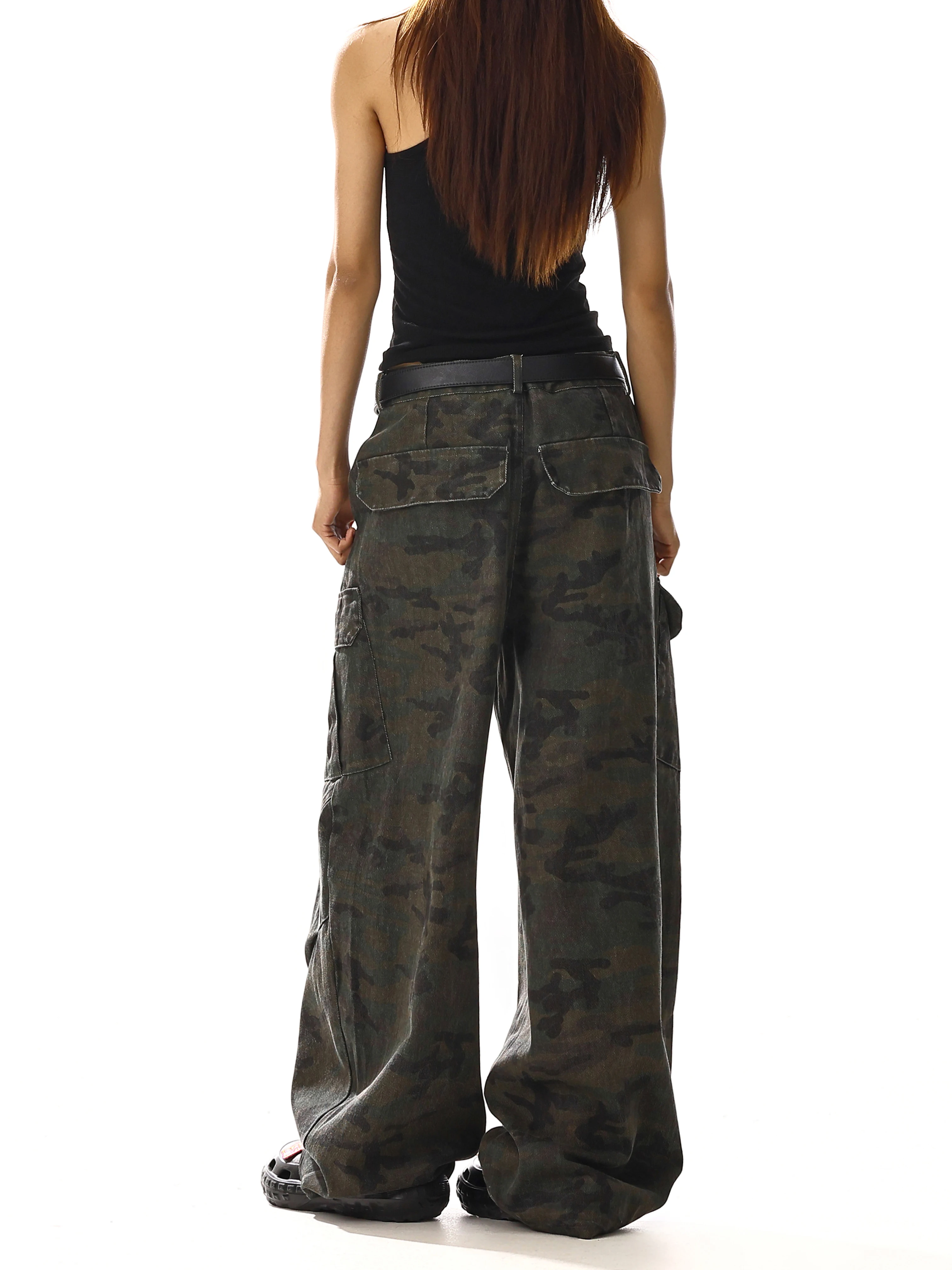 بنطلون جينز نسائي أخضر عسكري عالي الخصر عتيق مستقيم فضفاض Y2K من قماش الدنيم الهيب هوب موضة أمريكية بنطال دينم واسع الساق #5