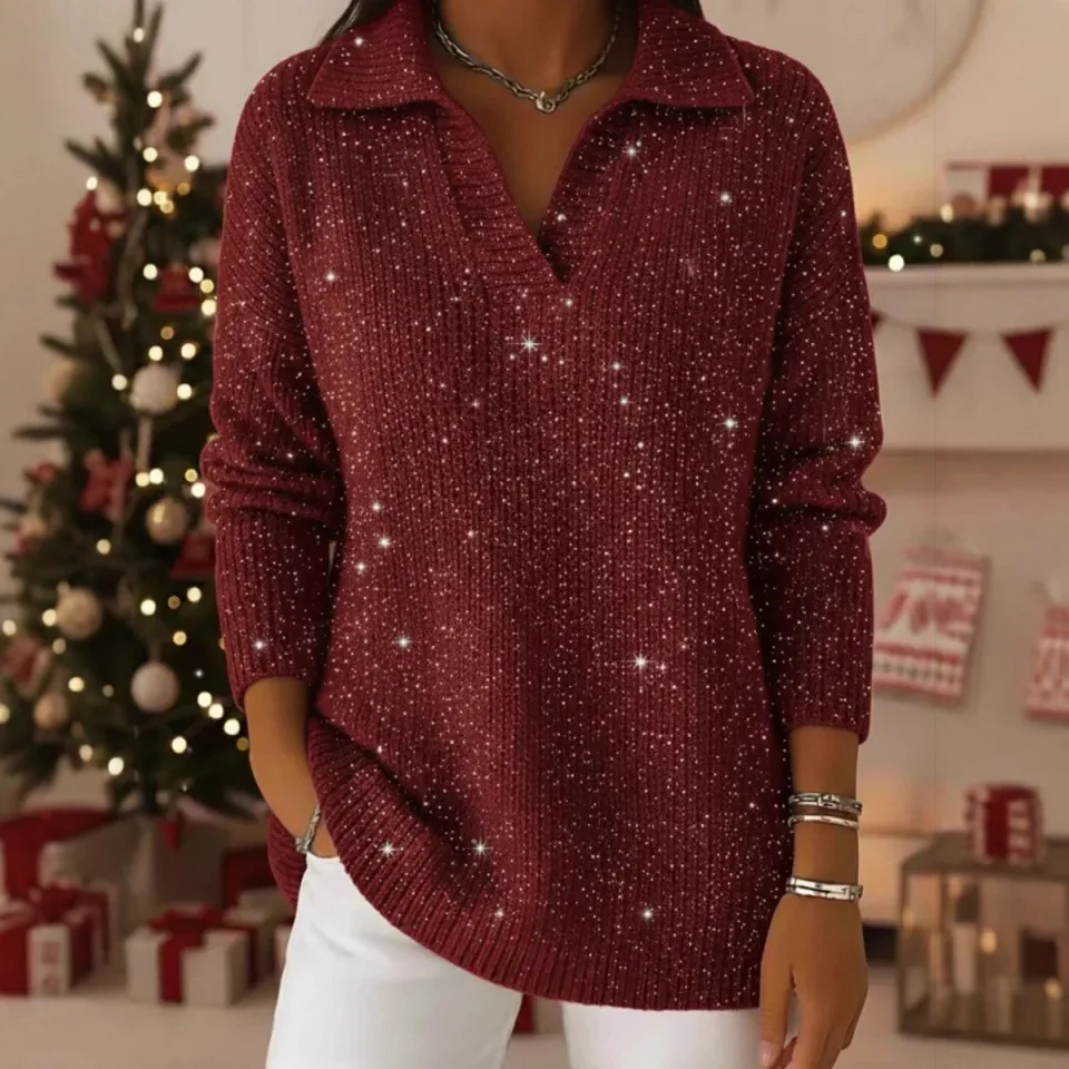 

Модный свитер с пайетками, женский повседневный вязаный пуловер с длинным рукавом и V-образным вырезом, топы для женщин, стильная женская одежда для отдыха