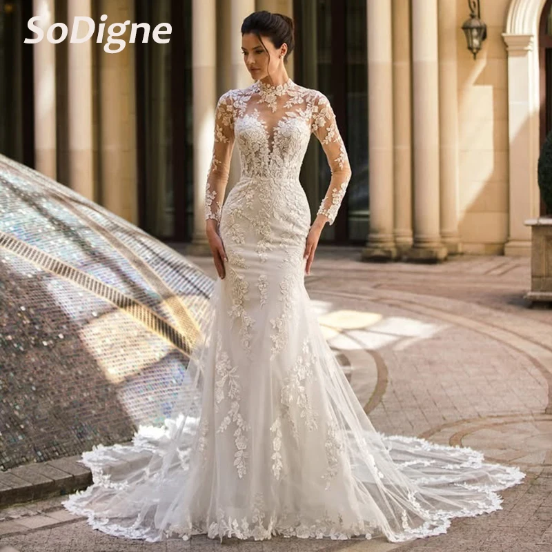 

SoDigne Mermaid Lace Appliques Wedding Dresses Tulle Full Sleeves Bridal Dress Long Bride Gown vestidos de novia Customized