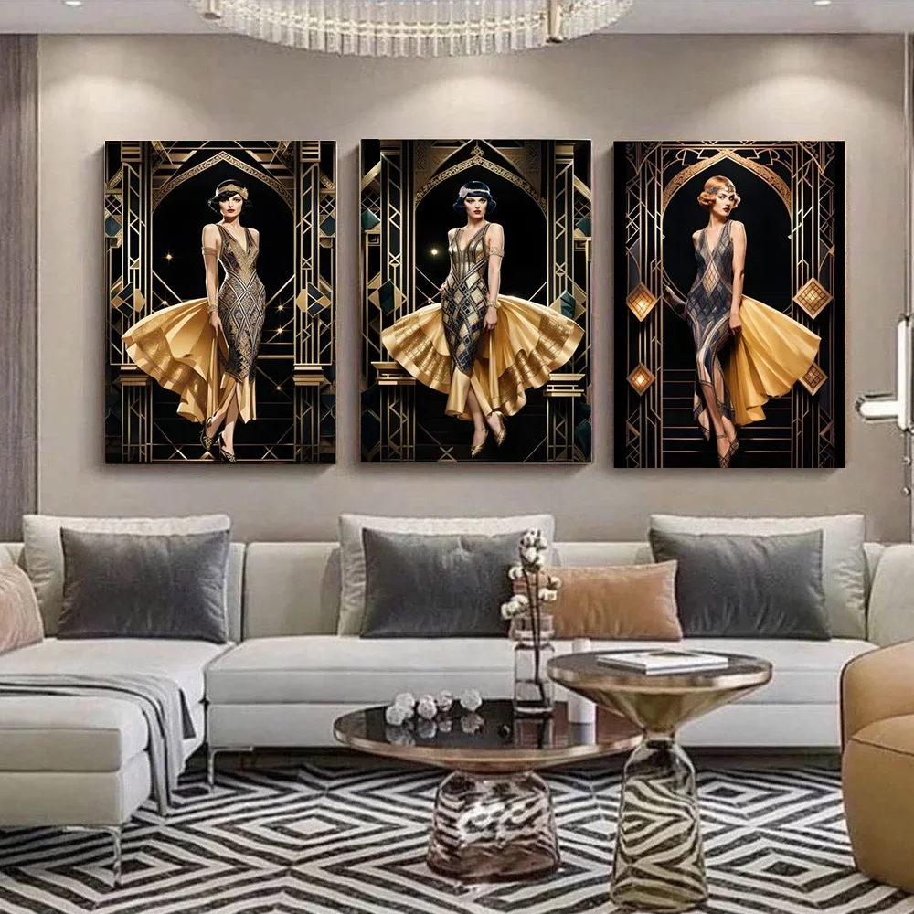 Multiple sizes 1pc frameless Canvas Painting,1920s Inspired Mid Century Lady Golden Girls Set of 3 Decor Modern Wall Luxury Artw