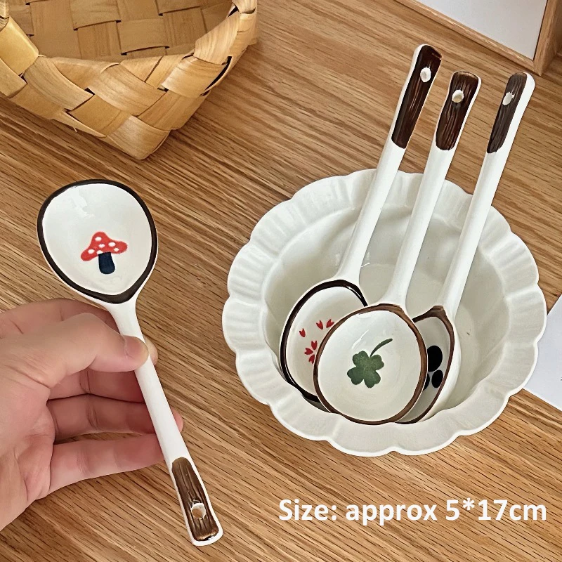 Cute Ceramic Soup Spoon Kawaii Korean Ice Cream Hand Painted Dessert Spoon With Long Handle Kitchen Tableware Accessories Gift