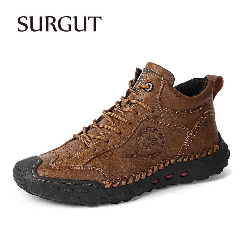 SURGUT Men's Biker Boots Leather Casual Shoe High Top Shoes for Men Trendy All-match Thick Bottom Lace-up Working Boot