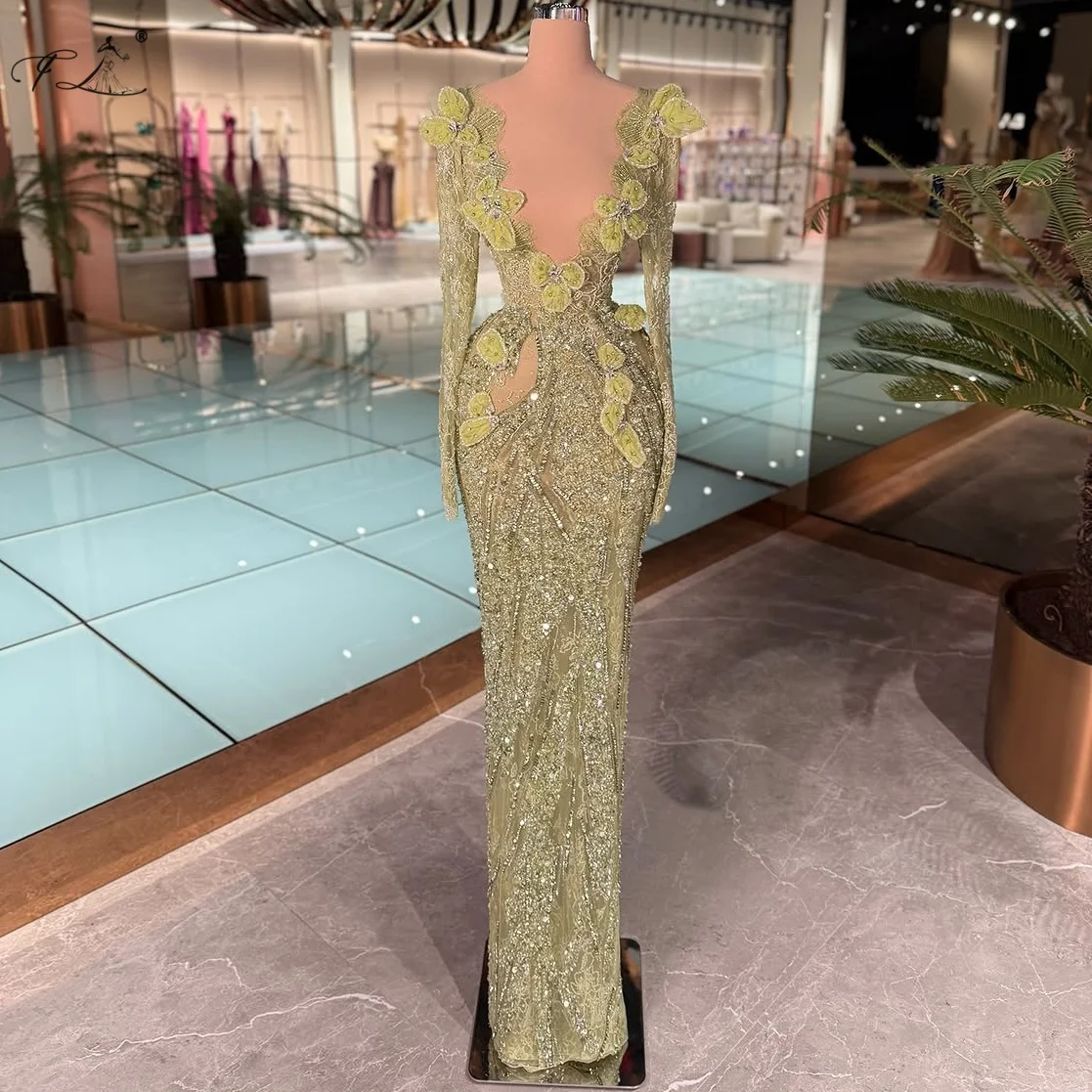 

Yellow Green Evening Dress Appliqué Deep V-Neck Prom Dress Sexy Lace Mermaid Evening Dress Long Sleeve Party Dress Custom-made