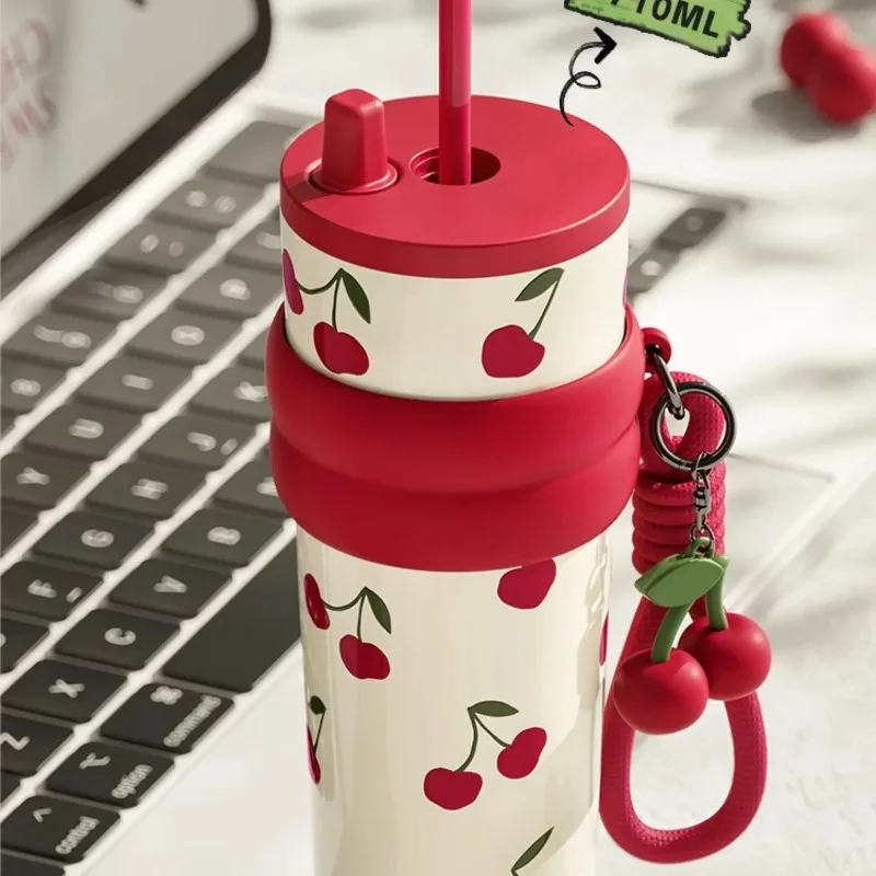 Straw thermos cup 2026 new women's high-value ceramic liner cold water cup portable coffee cup