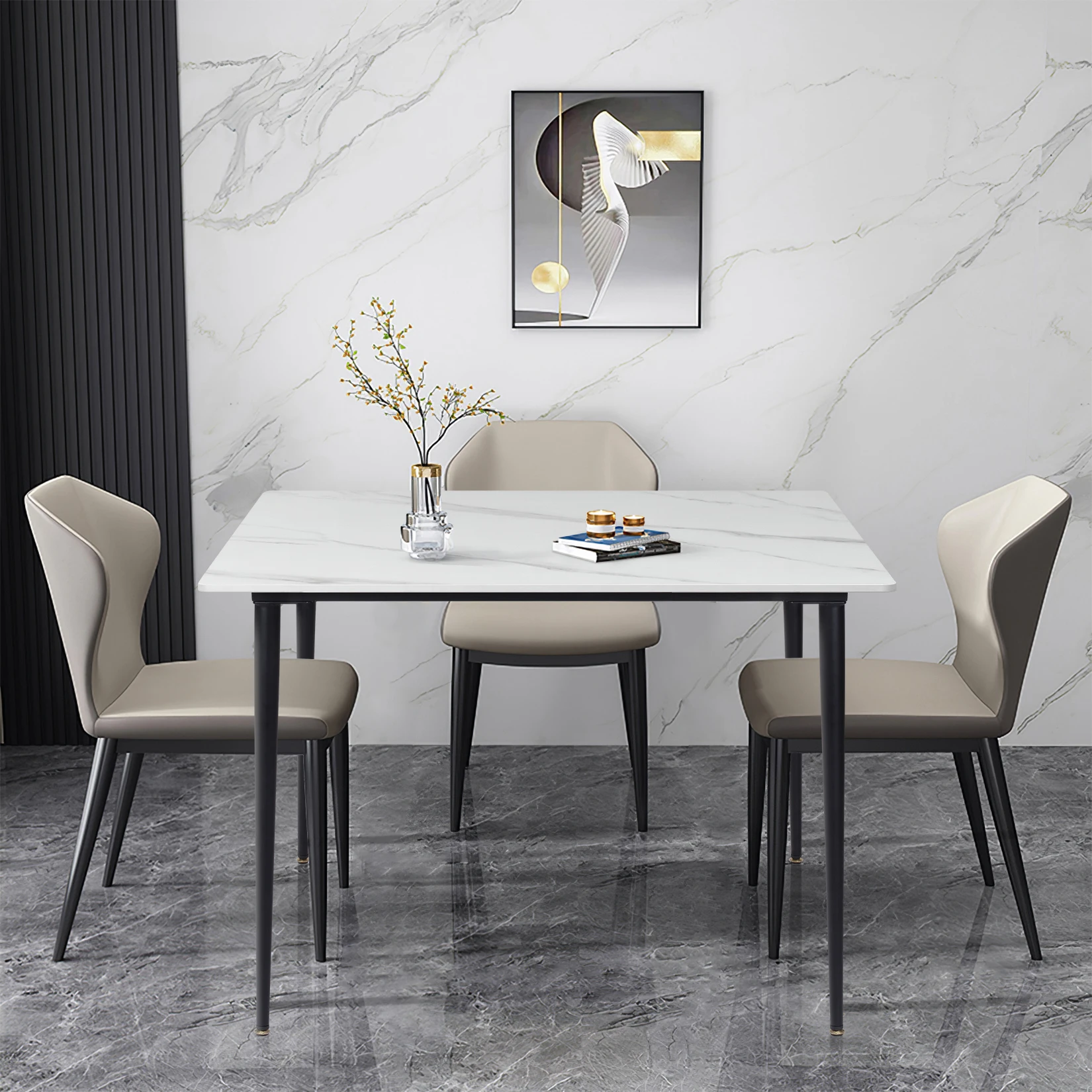 Rectangular Dining Modern Dining Desk Table Furniture with Natural Texture Sintered Stone Top Metal Frame for Dining Room