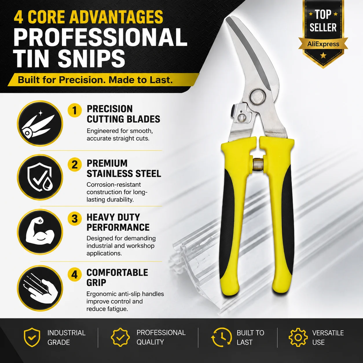 Heavy Duty Straight Tin Snips Stainless Steel Sheet Metal Cutter Industrial Shears for Metal Roofing Cable Trunking Workshop Rep
