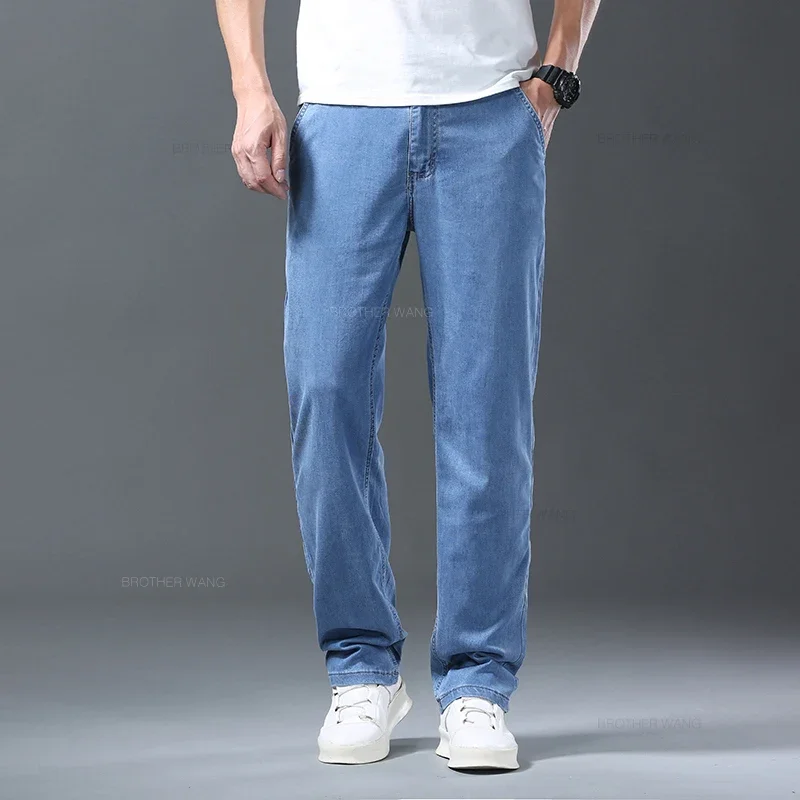 

Lyocell Ice Silk Jeans Men's Summer Ultra-thin Loose Straight Denim Pants Soft Comfortable Brand Male Light Blue Trousers