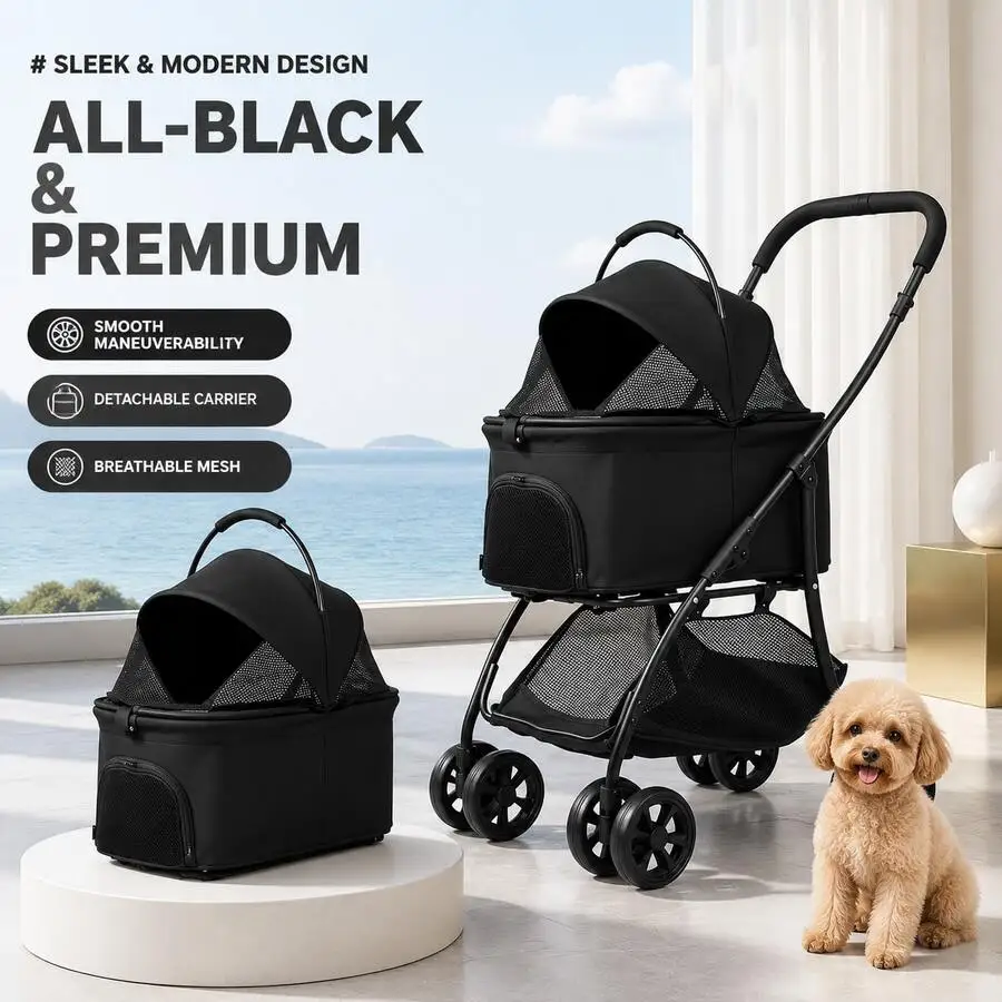 2 In 1 Pet Stroller For Small Medium Dogs Cats, Foldable Dog Cat Stroller With Removable Carrier Basket, One-Click Folding 4 Whe