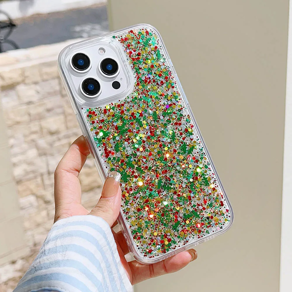 

Glitter Sequin Christmas Color Xmas Holiday Case For iPhone 14 15 16 Plus 13 12 Pro Max 11 Soft Bumper Protection Phone Cover