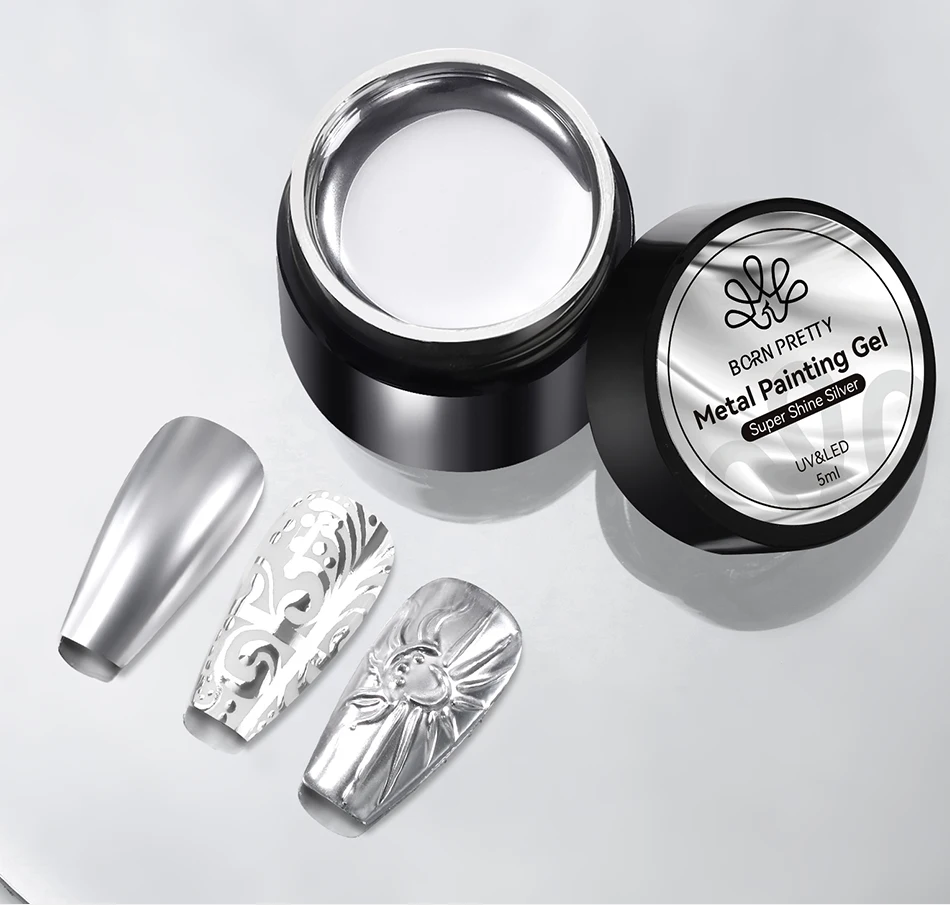 BORN PRETTY 5 ml Metallic-Malerei-Gel-Nagellack, starke Silber-Effektion, Nagelkunst, Soak Off Gel-Nagellack, silbernes Spiegel-Gel – Detail 3